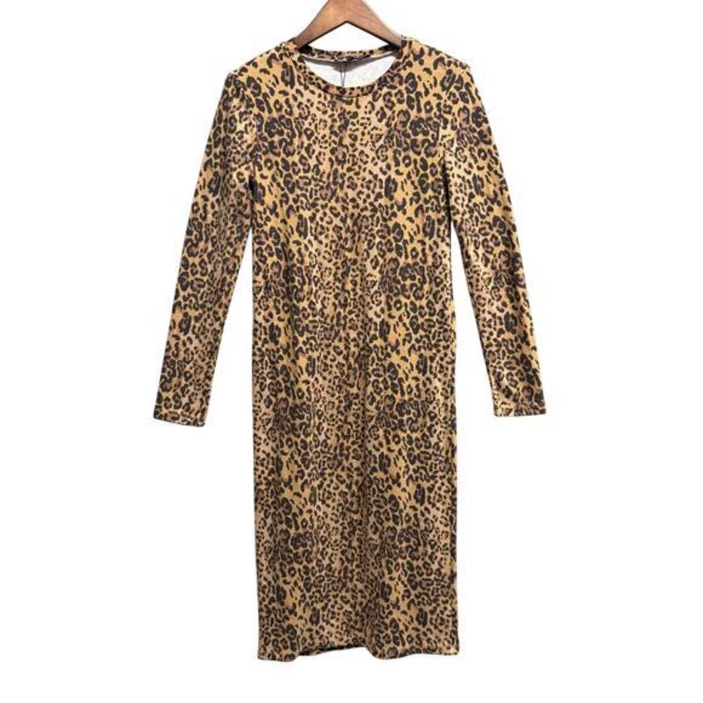 ZARA Animal Print‎ Midi Dress Size S Leopard Women's Midi Long Sleeve